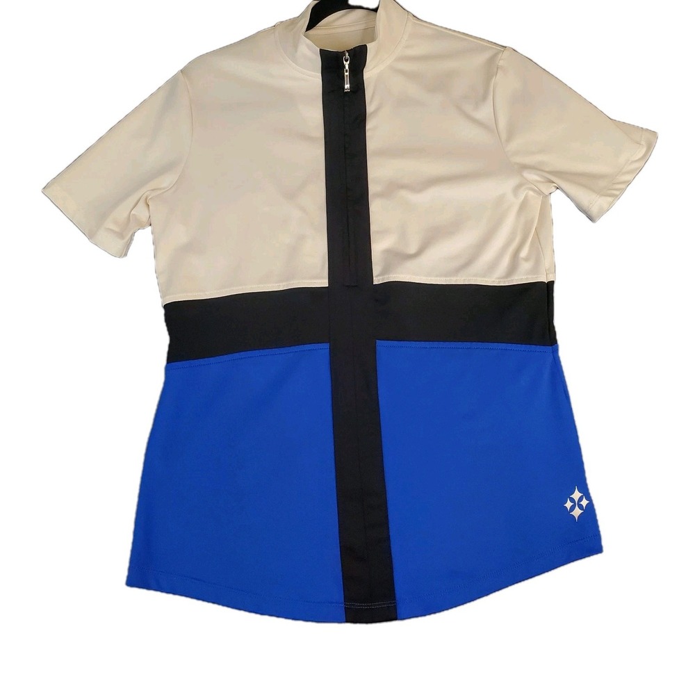 JoFit Half Zip Golf Polo Shirt Womens Size M Blue White Short Sleeves Stretchy